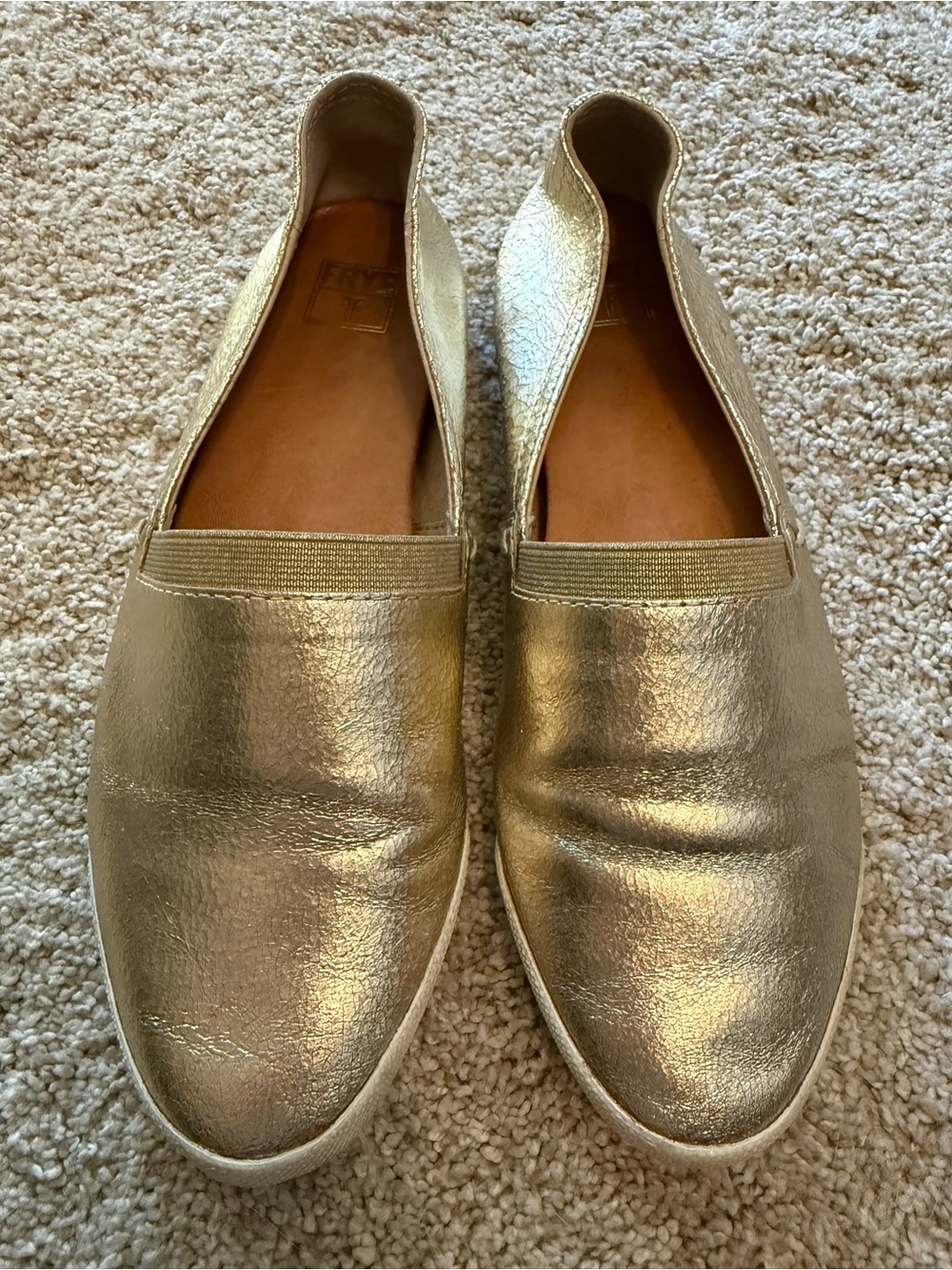 Frye gold slip on flats